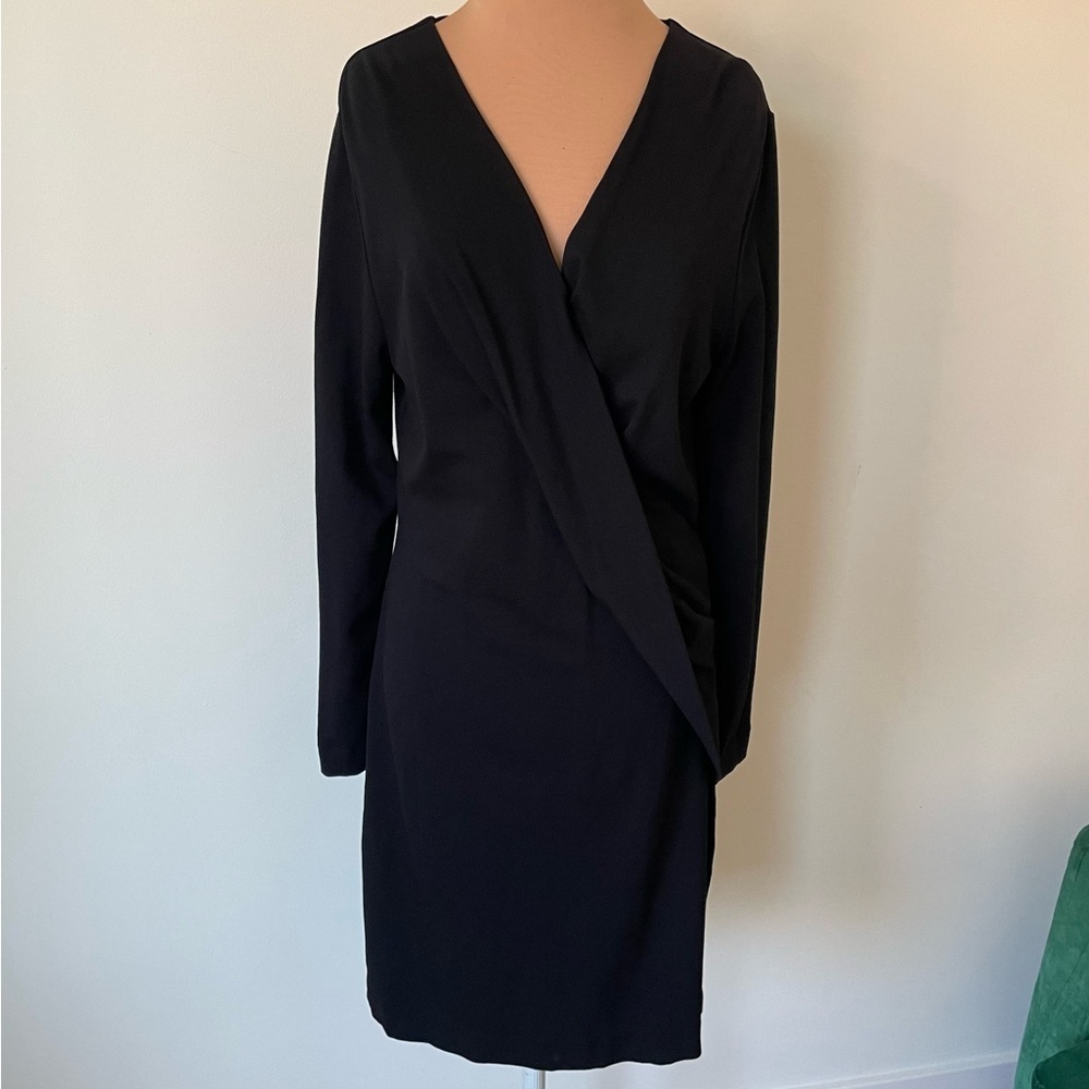COS V-Neck Long Sleeve Draped Front Black Viscose Knee Length Sheath Dress EUC M